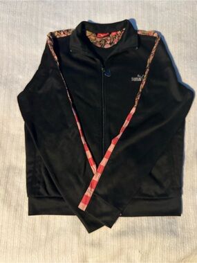 Puma Black Track Jacket with Pink Floral Trim
